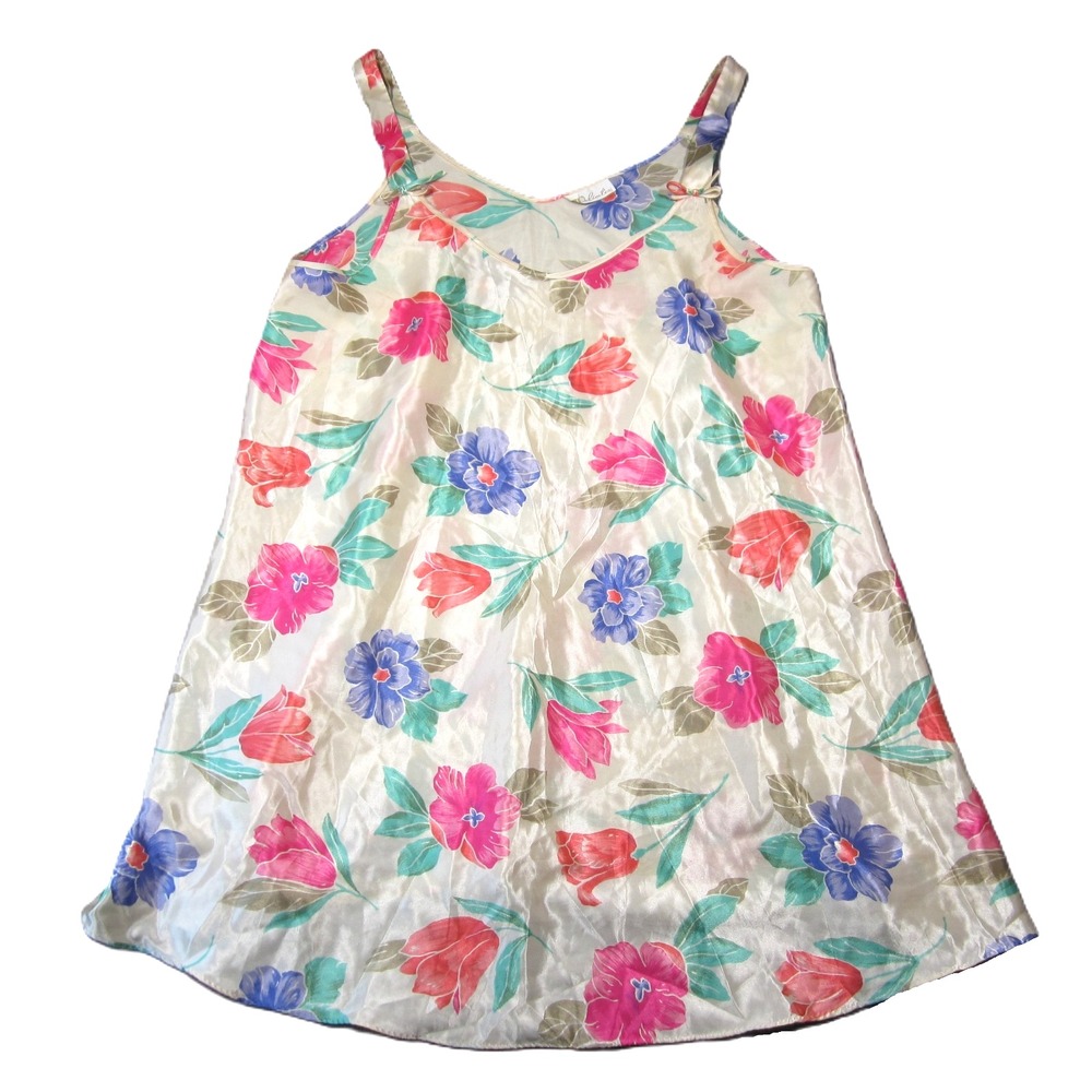 Vtg Delicates Satin Slip Dress XL Floral Nightie‎ Nightgown V-Neck 90s Coquette